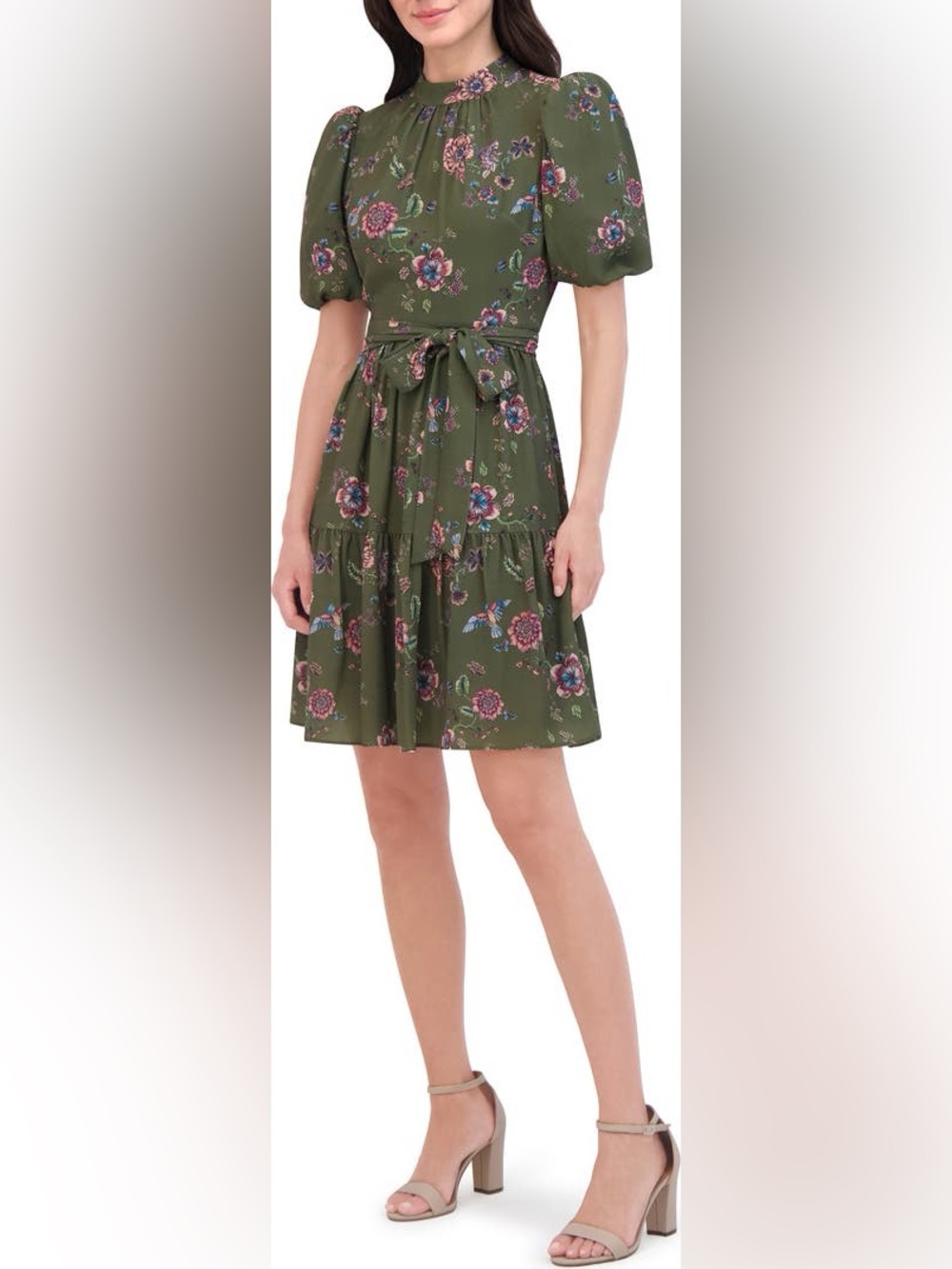 Eliza J Olive Green Floral Tie-Waist Puff Sleeve Mini Dress